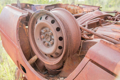 Close-up of old rusty wheel on field