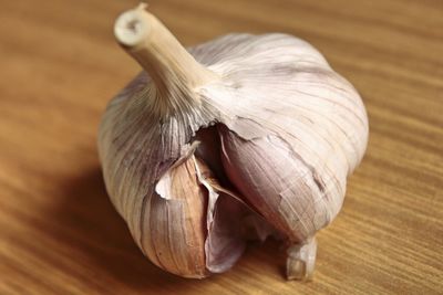 High angle view of garlic on table