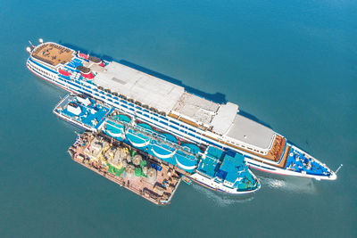 High angle view of ship moored at harbor