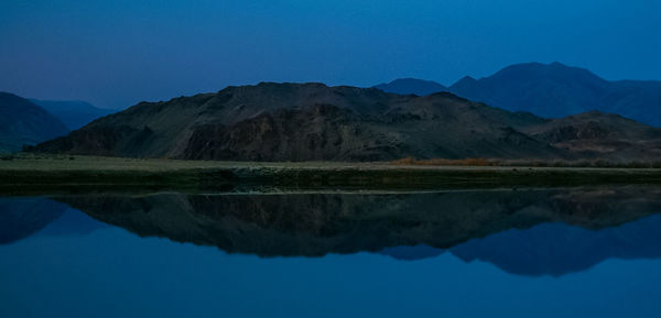 Reflection of mountains in lake against blue sky