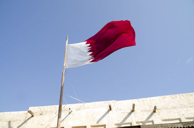 The national flag of qatar. it is maroon with a broad white serrated band on the hoist side.