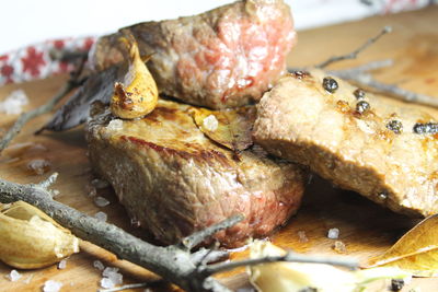 Close-up of meat on barbecue grill