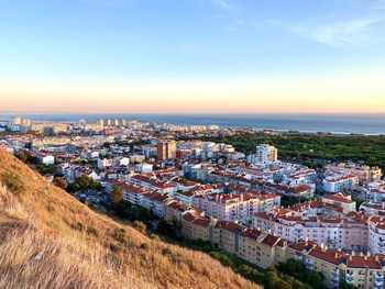 High angle shot of townscape against clear sky