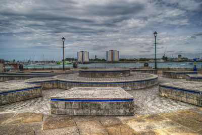 View of cityscape against cloudy sky