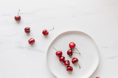 High angle view of cherries in plate