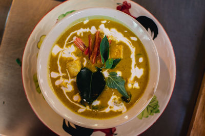 High angle view of soup in bowl on table