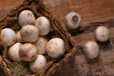 High angle view of mushrooms in basket