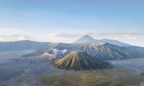 Panoramic view of volcanic landscape against sky