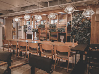 Empty chairs and tables in restaurant