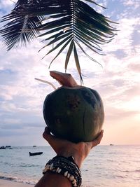 Low angle view of hand holding coconut against sea and sky