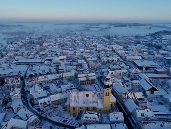 High angle view of townscape against sky during winter