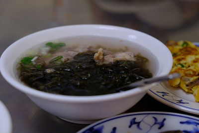 High angle view of soup in bowl on table