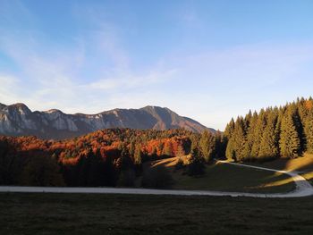 Scenic view of mountains in the autumn against sky