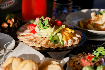 Close-up of meal served on table