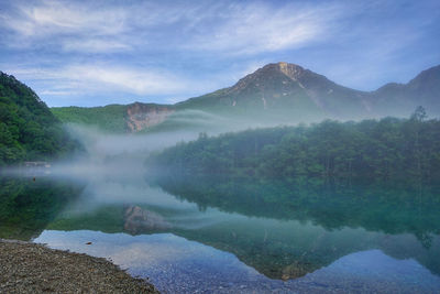 Scenic view of lake and mountains against sky