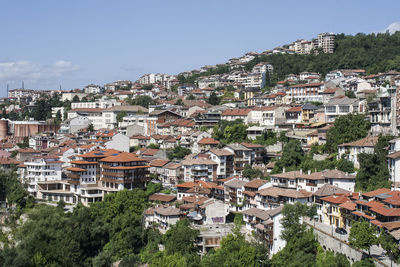 High angle view of houses against sky