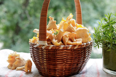 Close-up of mushrooms in basket on table