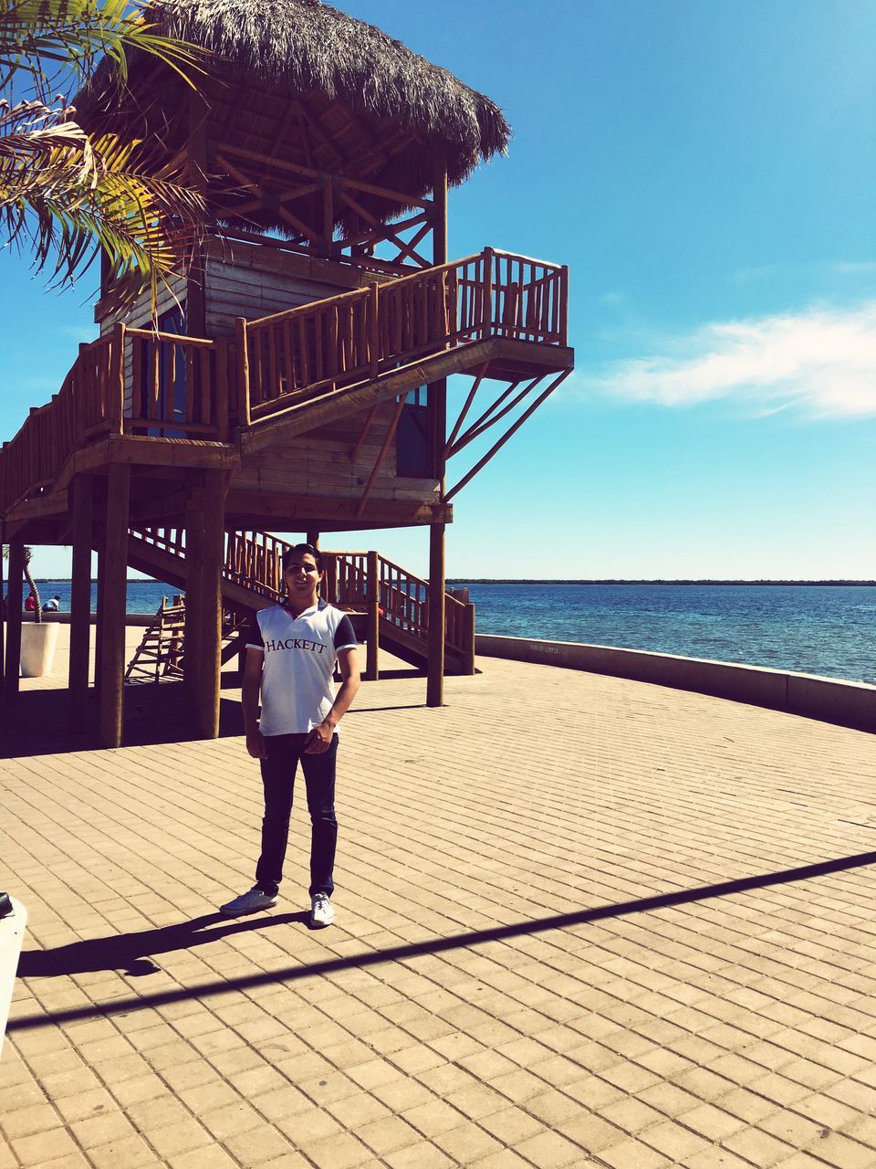 sea, full length, lifestyles, leisure activity, sky, rear view, shadow, sunlight, horizon over water, beach, water, walking, person, standing, built structure, casual clothing, men, blue