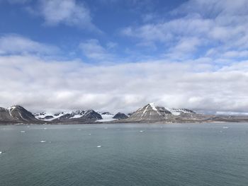 Scenic view of snowcapped mountains by sea against sky