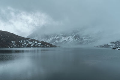 Scenic view of lake and snowcapped mountains against sky