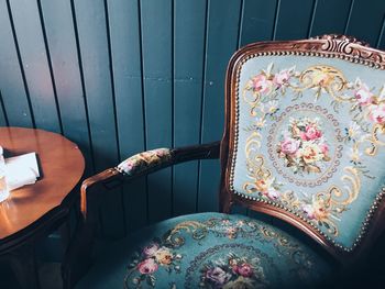 High angle view of empty patterned chair