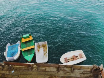 High angle view of boat moored on sea