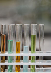 Close-up of test tubes on table