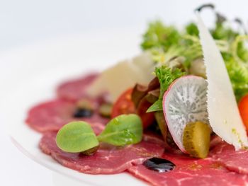 Close-up of served fruit salad in plate