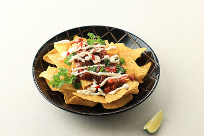 High angle view of food in plate on table