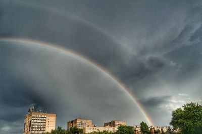 Rainbow over buildings in city against sky
