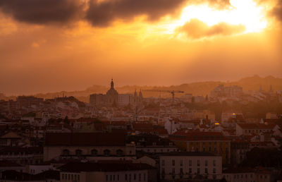 High angle view of townscape against sky during sunset