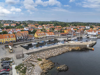Aerial photo of allinge harbour and town, bornholm, denmark