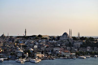 View of buildings in city against clear sky