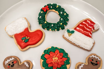 High angle view of cookies in plate on table