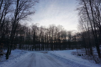 Snow covered road amidst trees against sky during winter