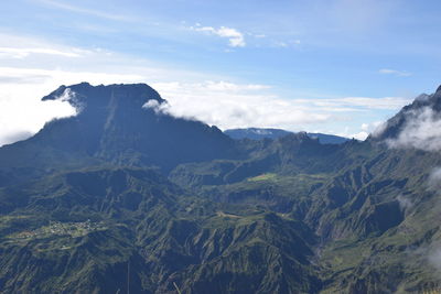 Aerial view of snowcapped mountains against sky