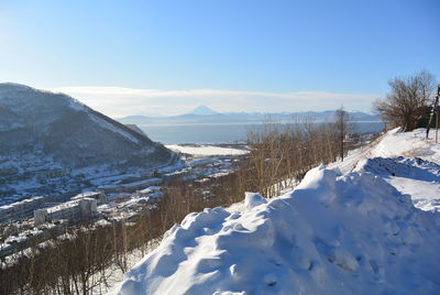 Scenic view of snow covered mountains against sky