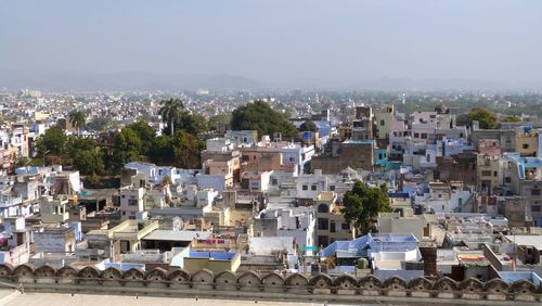 High angle shot of townscape against sky