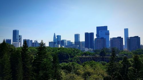 Trees and cityscape against clear blue sky