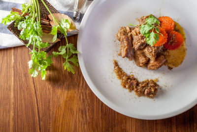 High angle view of food in plate on table