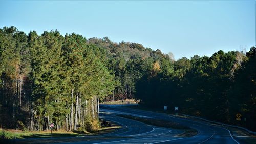 Road amidst trees against clear sky