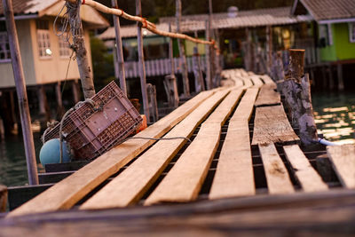 Close-up of clothes hanging on wood