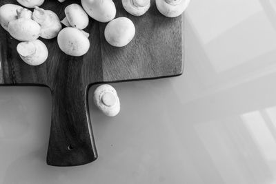 High angle view of eggs on cutting board