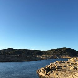 Scenic view of sea against clear blue sky