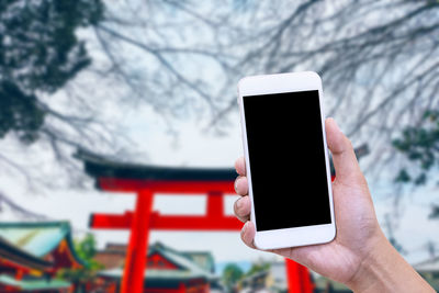 Low angle view of person using mobile phone