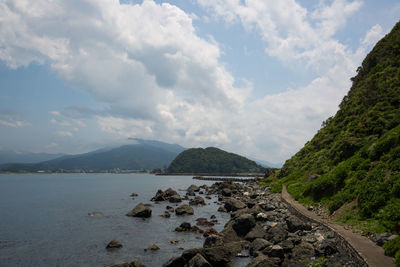 Scenic view of lake and mountains against sky