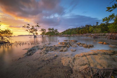 Scenic view of lake against sky during sunset