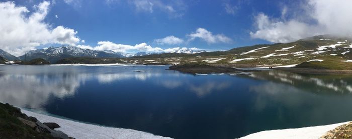 Panoramic view of lake and snowcapped mountains against sky