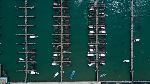 High angle view of boats moored in water