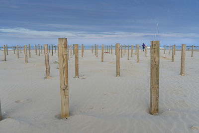 Wooden posts on beach against sky